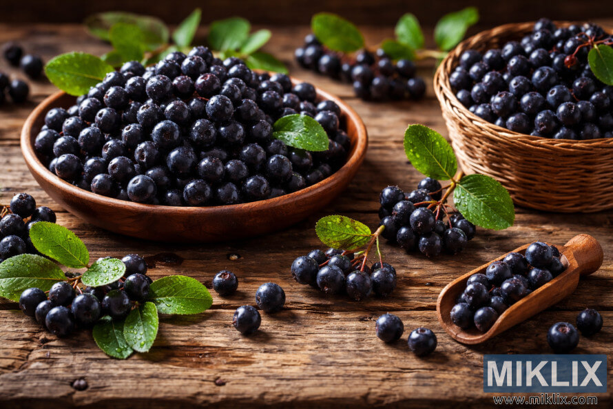 KypsiÃ¤ aroniamarjoja puisissa kulhoissa ja koreissa maalaismaisella puupÃ¶ydÃ¤llÃ¤, jossa on vihreitÃ¤ lehtiÃ¤ ja vesipisaroita.