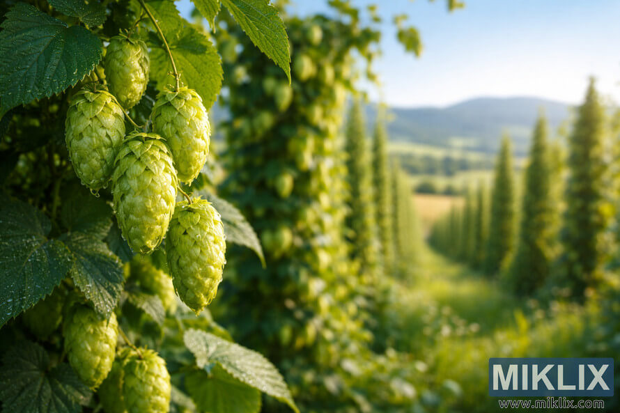 Close-up of dew-covered Southern Promise hop cones in warm morning sunlight with blurred hop fields and rolling hills in the background.