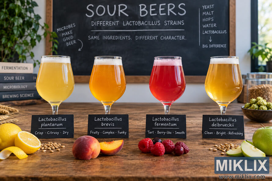 Four sour beers made with different Lactobacillus strains displayed side by side with tasting notes, fruit, brewing ingredients, and a chalkboard.