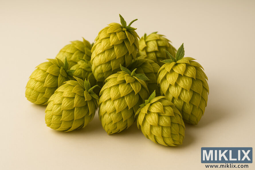 Primo piano dei coni di luppolo Brewer's Gold dal colore verde-oro, illuminati da una luce calda e soffusa.