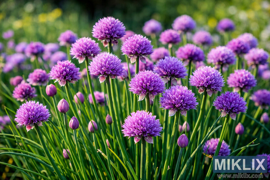 Close-up of mature chive plants with vibrant purple spherical flowers atop slender green stems in a summer garden. Close-up of mature chive plants with vibrant purple spherical flowers atop slender green stems in a summer garden.