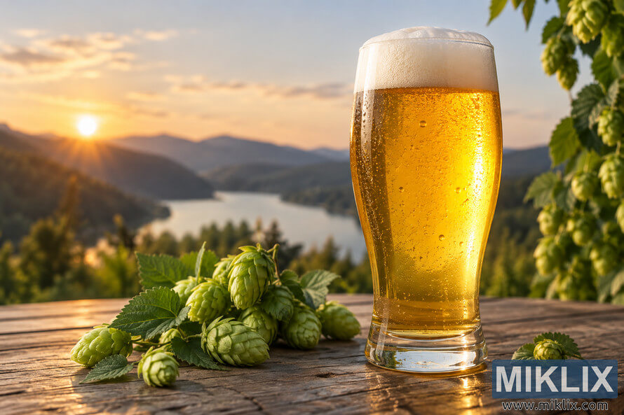 Cold golden beer with a creamy white head and condensation on a rustic wooden table, surrounded by fresh green hop cones and leaves, with a mountain lake and warm sunset softly blurred in the background. Cold golden beer with a creamy white head and condensation on a rustic wooden table, surrounded by fresh green hop cones and leaves, with a mountain lake and warm sunset softly blurred in the background.