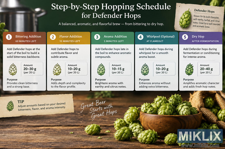 Landscape brewing infographic showing a five-step Defender hops schedule: bittering at 60 minutes, flavor at 15 minutes, aroma at 5 minutes, optional whirlpool at flameout, and dry hopping after fermentation, displayed over a rustic wooden table with fresh green hop cones. Landscape brewing infographic showing a five-step Defender hops schedule: bittering at 60 minutes, flavor at 15 minutes, aroma at 5 minutes, optional whirlpool at flameout, and dry hopping after fermentation, displayed over a rustic wooden table with fresh green hop cones.