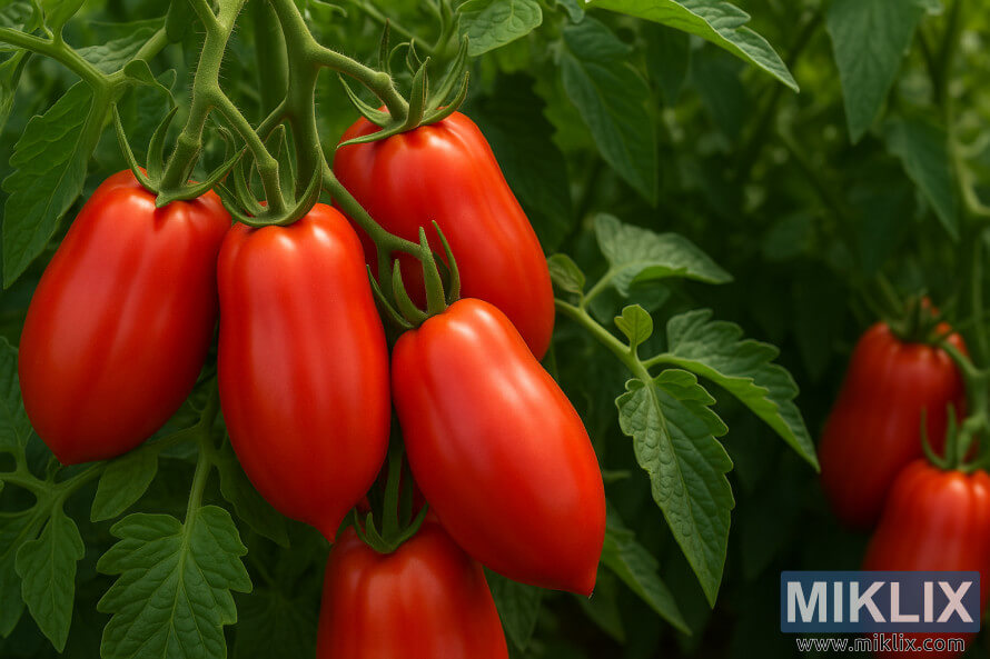 ChÃ¹m cÃ  chua Amish Paste chÃ­n má»ng treo trÃªn dÃ¢y leo giá»¯a nhá»¯ng chiáº¿c lÃ¡ xanh.