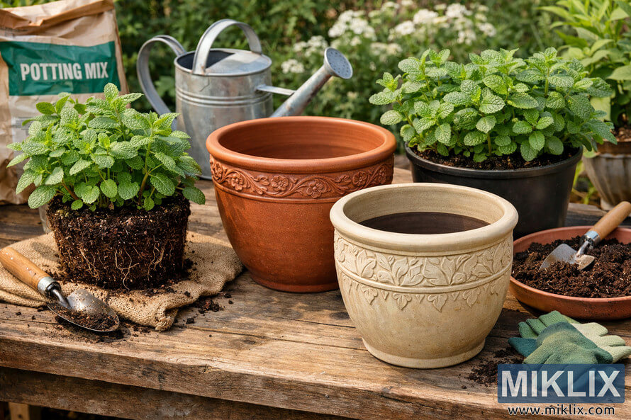 Mint plants and decorative garden pots arranged on a rustic wooden table with potting soil, tools, and a watering can in a sunny garden setting.