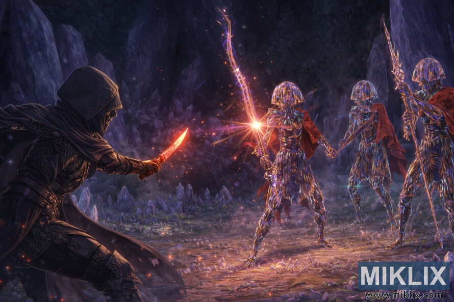 Anime-style fan art of the Tarnished in Black Knife armor battling three glowing Putrid Crystalians inside the crystal cavern of Sellia Hideaway.