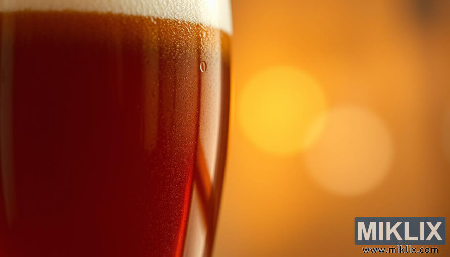 Posnetek od blizu kozarca temno jantarnega sladnega piva Special B s kremasto peno. Posnetek od blizu kozarca temno jantarnega sladnega piva Special B s kremasto peno.