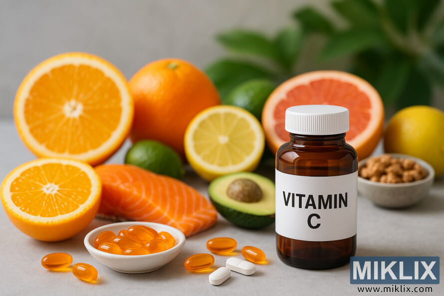 Vitamin C bottle with orange softgels, tablets, and citrus fruits like oranges, lemons, limes, and grapefruit.