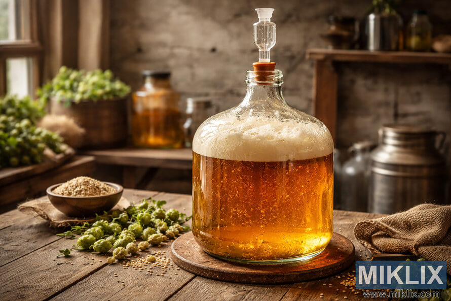 Glass carboy filled with amber Bohemian Ale fermenting on a rustic wooden table, surrounded by hops and malted barley in warm natural light.