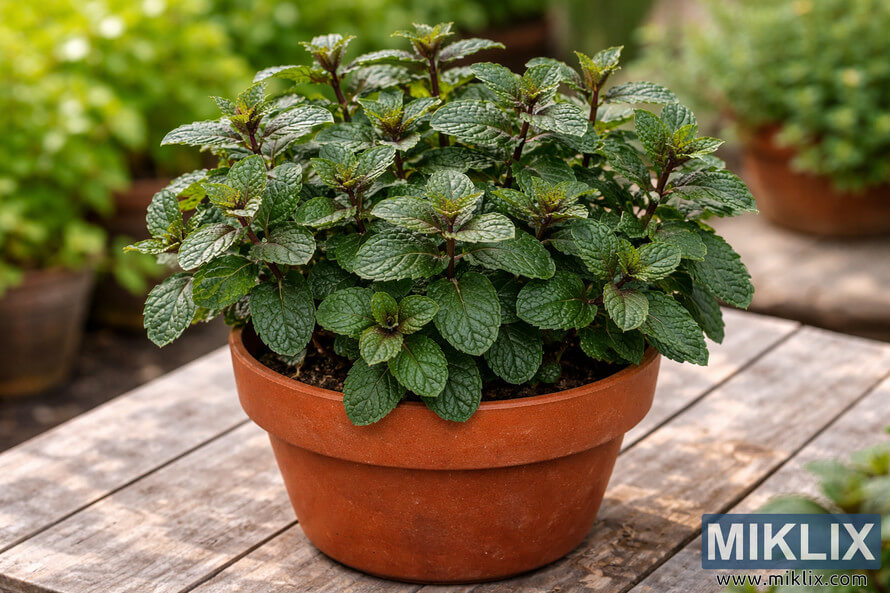 Healthy chocolate mint plant with dark green textured leaves growing in a terracotta pot on a rustic wooden table outdoors