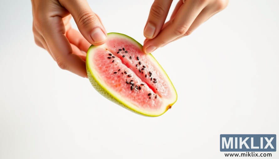 DetailnÃ­ zÃ¡bÄr rukou loupajÃ­cÃ­ch zralou guavu, odhalujÃ­cÃ­ zelenou slupku, rÅ¯Å¾ovou duÅ¾inu a ÄernÃ¡ semÃ­nka pod mÄkkÃ½m teplÃ½m svÄtlem.