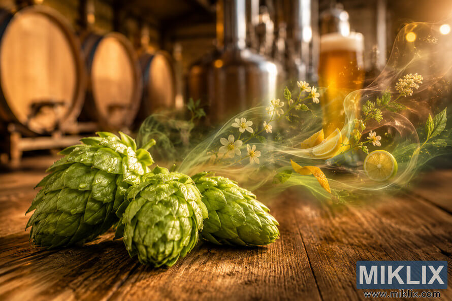 Close-up artistic image of three dew-covered green hop cones in a warmly lit brewery, surrounded by swirling floral and citrus-inspired aromatic shapes with blurred wooden barrels and brewing equipment in the background.