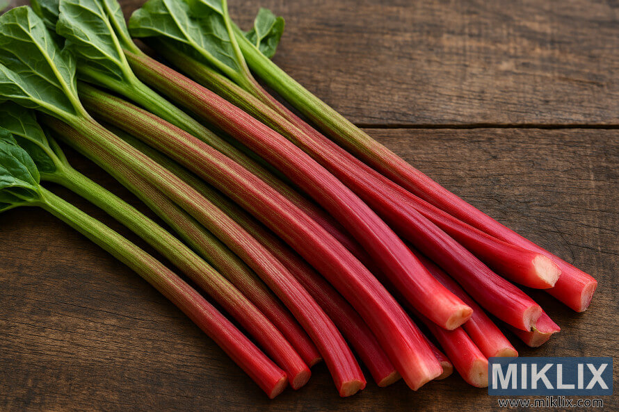Vibrant red and green rhubarb stalks laid out on a rustic wooden surface
