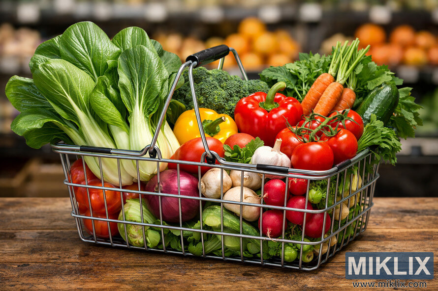 A metal shopping basket filled with fresh bok choy, bell peppers, tomatoes, carrots, broccoli, cucumbers, radishes, onions, garlic, mushrooms, and spring onions on a rustic wooden surface with a blurred grocery store background. A metal shopping basket filled with fresh bok choy, bell peppers, tomatoes, carrots, broccoli, cucumbers, radishes, onions, garlic, mushrooms, and spring onions on a rustic wooden surface with a blurred grocery store background.