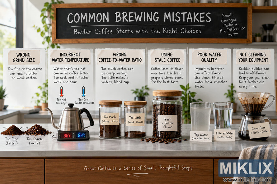 Landscape infographic-style kitchen scene showing six common coffee brewing mistakes: incorrect grind size, wrong water temperature, poor coffee-to-water ratio, stale coffee, poor water quality, and unclean brewing equipment, illustrated with coffee grounds, a kettle, glass jars, beans, water glasses, and a pour-over brewer. Landscape infographic-style kitchen scene showing six common coffee brewing mistakes: incorrect grind size, wrong water temperature, poor coffee-to-water ratio, stale coffee, poor water quality, and unclean brewing equipment, illustrated with coffee grounds, a kettle, glass jars, beans, water glasses, and a pour-over brewer.