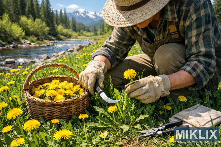 Person harvesting dandelions safely in a clean meadow near a stream with mountains in the background. Person harvesting dandelions safely in a clean meadow near a stream with mountains in the background.