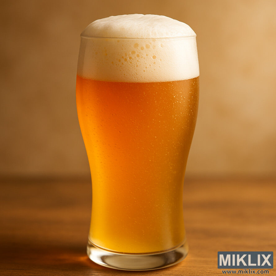 A tall glass of hazy golden Hefeweizen topped with thick creamy foam, condensation on the glass, and effervescent bubbles rising in soft warm lighting.
