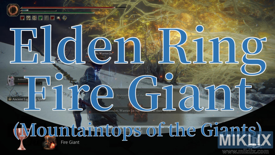 Elden Ring screenshot showing victory over the Fire Giant in the snowy Mountaintops of the Giants region with PlayStation trophy icons.