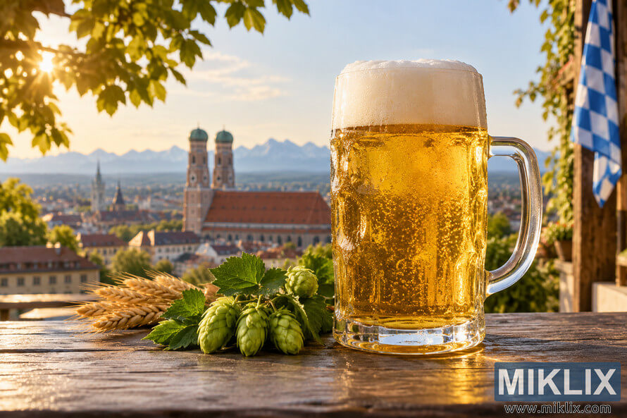 Golden Munich Helles-style lager with a foamy white head in a clear glass stein beside fresh green hops and barley on a rustic wooden table, overlooking a sunlit Bavarian cityscape and distant alpine mountains. Golden Munich Helles-style lager with a foamy white head in a clear glass stein beside fresh green hops and barley on a rustic wooden table, overlooking a sunlit Bavarian cityscape and distant alpine mountains.