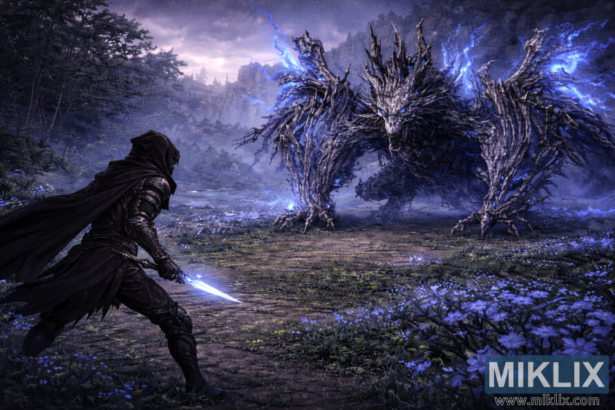 Weite Ansicht des in Schwarzmesser-RÃ¼stung gehÃ¼llten Befleckten, der einem riesigen Geisterflammen-Drachen an der nebligen Azurblauen KÃ¼ste gegenÃ¼bersteht.