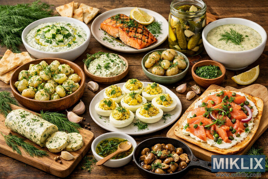A rustic wooden table filled with various dishes featuring fresh dill, including salmon, potato salad, deviled eggs, and dill butter. A rustic wooden table filled with various dishes featuring fresh dill, including salmon, potato salad, deviled eggs, and dill butter.