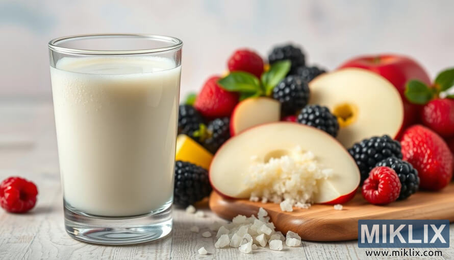 ÄaÅ¡a kremastog kefira s mjehuriÄima, svjeÅ¾im voÄem i kefirnim zrncima na dasci.