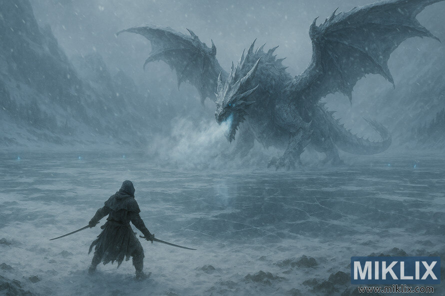 å¹éªã®ä¸­ãåã£ãåºå¤§ãªæ¹ã®ä¸ã§ãäºåæµã®åãæã£ãå­¤ç¬ãªæ¦å£«ãå·¨å¤§ãªéã®ç«ã¨å¯¾å³ãããåãªã¢ã«ãªä¿¯ç°ã·ã¼ã³ã