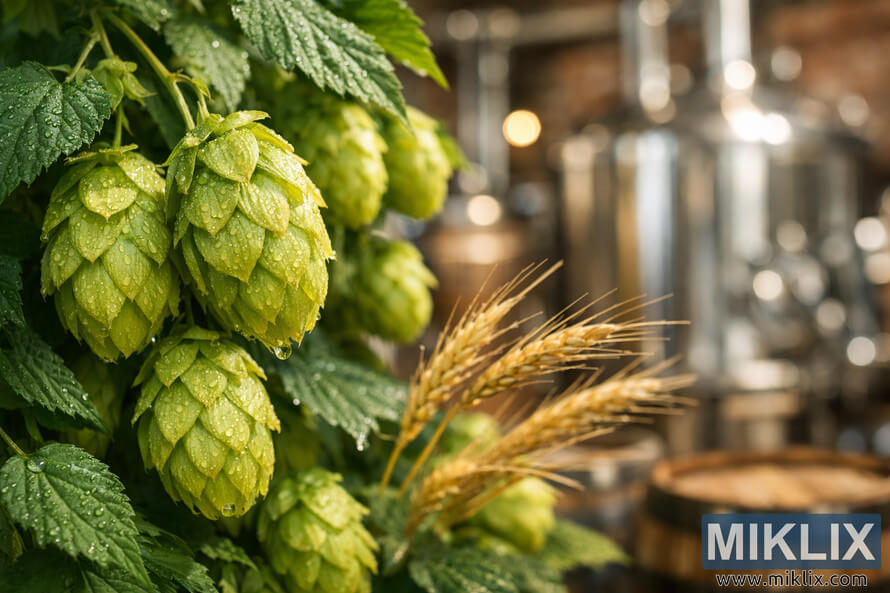 Close-up macro photograph of dew-covered Sticklebract hop cones with golden barley and blurred brewery background featuring wooden barrels and stainless steel equipment. Close-up macro photograph of dew-covered Sticklebract hop cones with golden barley and blurred brewery background featuring wooden barrels and stainless steel equipment.