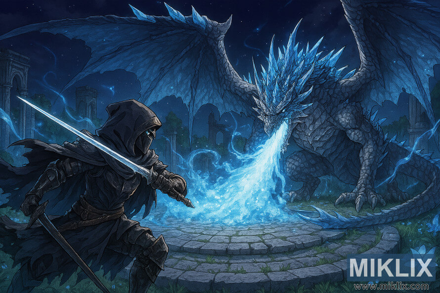 Sining na pang-fan na istilong anime ng Tarnished fighting Glintstone Dragon na si Adula sa Katedral ng Manus Celes