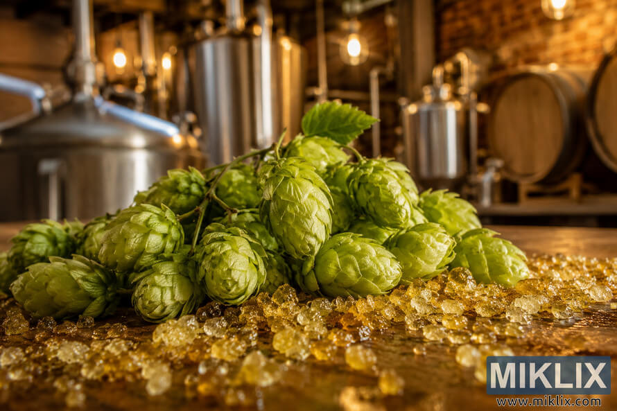 Close-up of fresh Canterbury Whitebine hops surrounded by golden alpha acid crystals on a wooden surface, with softly blurred brewing kettles, fermentation tanks, and rustic brewery equipment illuminated by warm ambient light.
