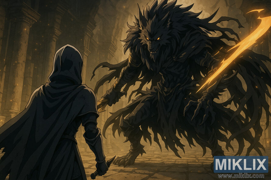 Scène de style anime dâun joueur en armure du Couteau Noir affrontant Maliketh, la Lame Noire, à lâintérieur dâun ancien temple sombre. Scène de style anime dâun joueur en armure du Couteau Noir affrontant Maliketh, la Lame Noire, à lâintérieur dâun ancien temple sombre.