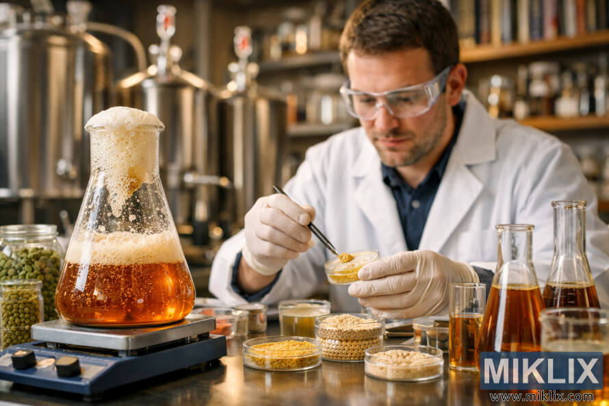 Scientist in a modern brewery laboratory measuring yeast samples beside a bubbling flask of fermenting wort, surrounded by hops, grains, and brewing equipment under warm light. Scientist in a modern brewery laboratory measuring yeast samples beside a bubbling flask of fermenting wort, surrounded by hops, grains, and brewing equipment under warm light.