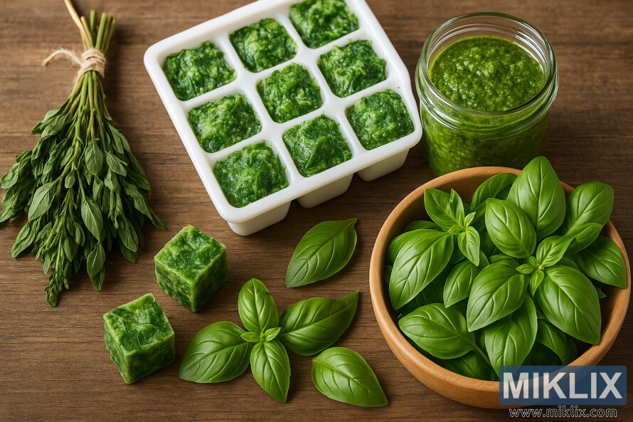 Folhas frescas de manjericão, manjericão seco, cubos de manjericão congelado e pesto dispostos sobre uma mesa de madeira. Folhas frescas de manjericão, manjericão seco, cubos de manjericão congelado e pesto dispostos sobre uma mesa de madeira.