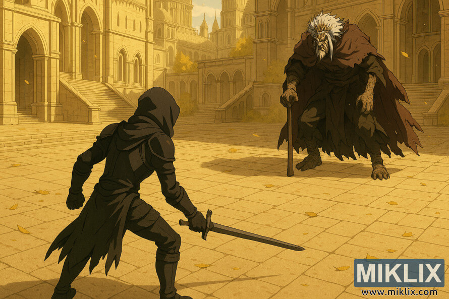 Adegan bergaya anime isometrik lebar dari Tarnished dengan pedang satu tangan di kiri bawah menghadap Morgott di kanan atas di seberang halaman batu yang diterangi matahari di Leyndell.