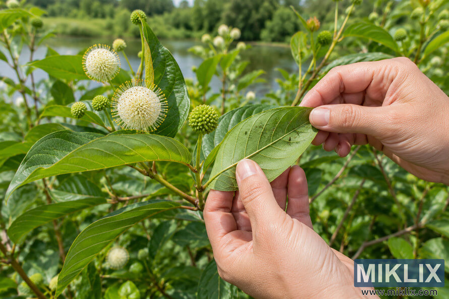 Two hands inspect the underside of a green buttonbush leaf among white spherical flowers and lush foliage beside a body of water. Two hands inspect the underside of a green buttonbush leaf among white spherical flowers and lush foliage beside a body of water.