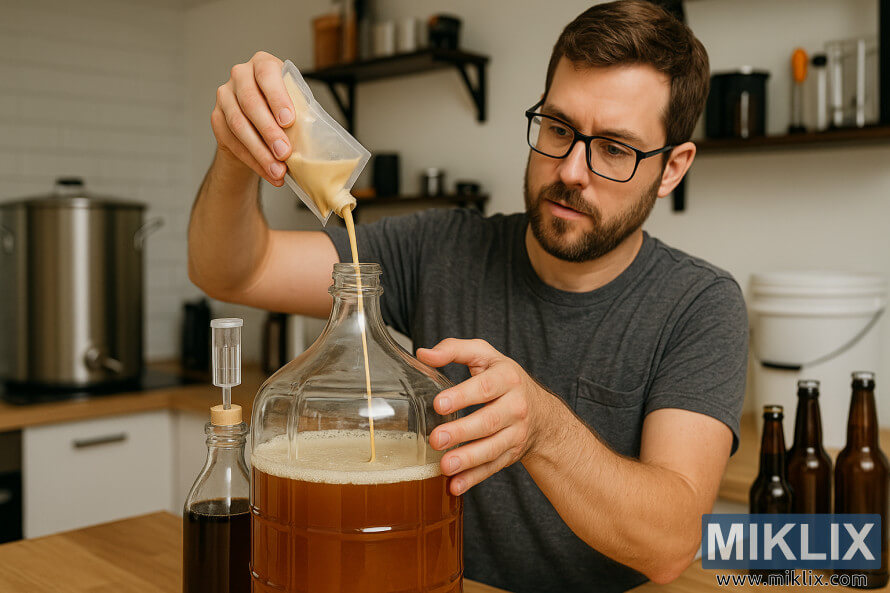 In einer modernen Heimbrauküche gieÃt ein Mann flüssige Hefe aus einem Beutel in ein mit bernsteinfarbener Würze gefülltes Gärgefäà aus Glas. In einer modernen Heimbrauküche gieÃt ein Mann flüssige Hefe aus einem Beutel in ein mit bernsteinfarbener Würze gefülltes Gärgefäà aus Glas.