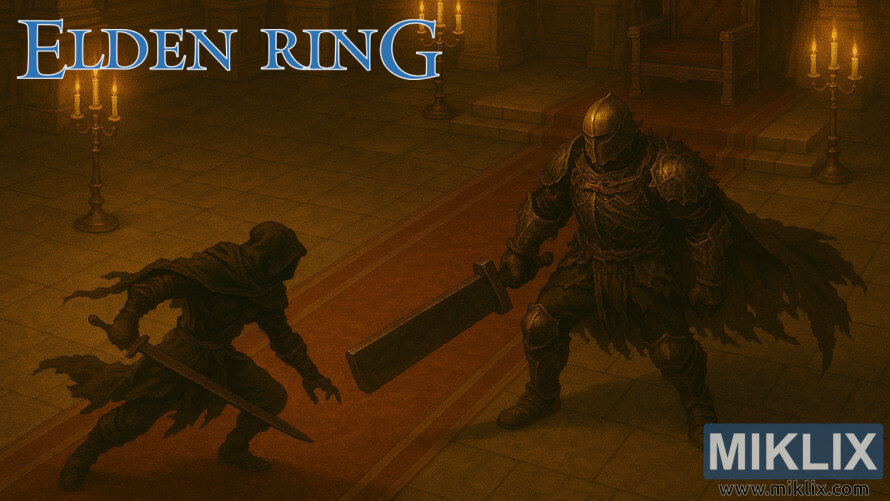 Elden Ring fan art of Black Knife armor player battling Elemer of the Briar in Shaded Castle