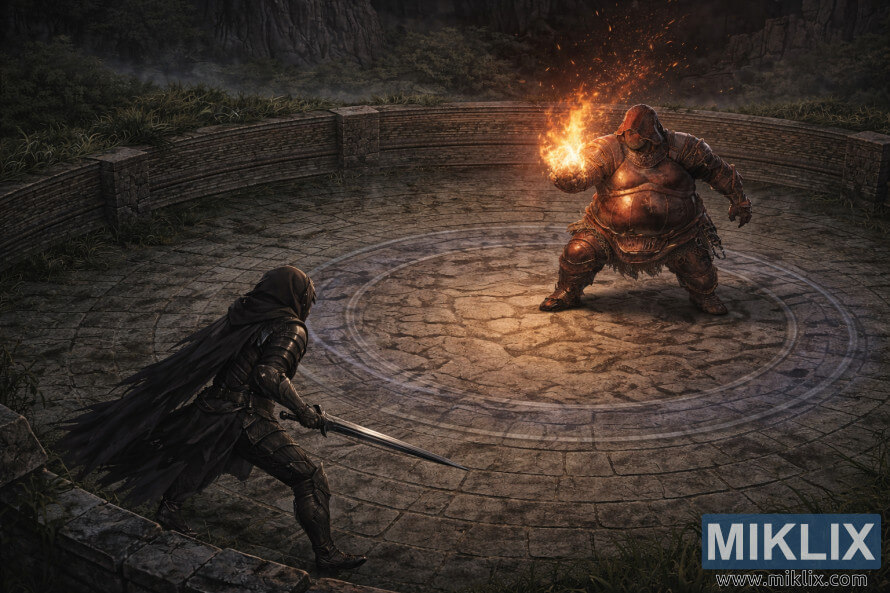 IlustraÃ§Ã£o de fantasia isomÃ©trica mostrando o Maculado com uma espada virado para Adan, LadrÃ£o de Fogo, dentro da arena circular de pedra da Cadeia Eterna do Malfeitor.