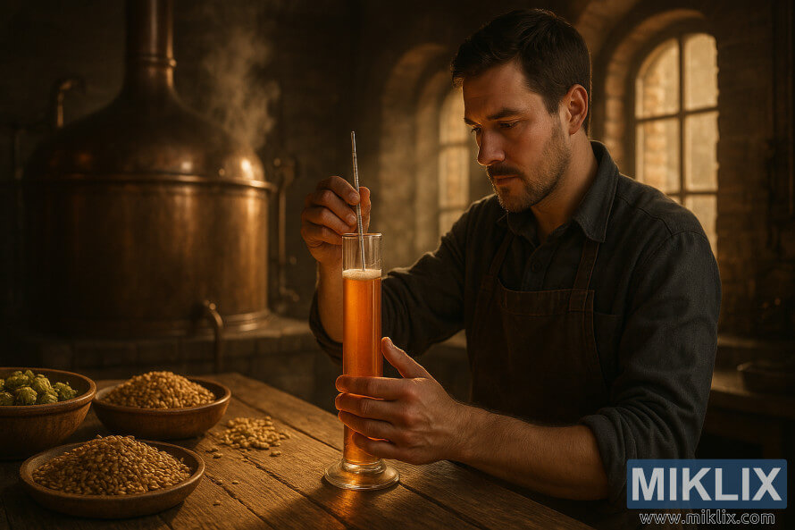 Berarul verificÄ mustul Ã®ntr-un cazan de cupru cu malÈ Èi hamei pe o bancÄ de lemn Ã®n lumina caldÄ a berÄriei.