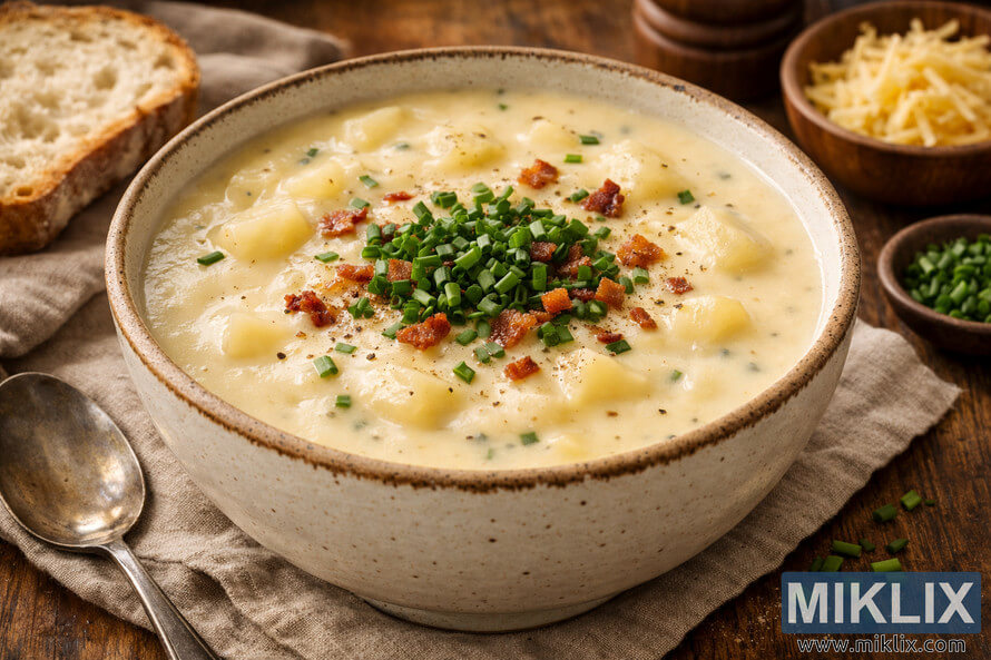A bowl of creamy potato soup topped with chopped chives and crispy bacon bits, served in a rustic ceramic bowl on a wooden table with bread and cheese in the background. A bowl of creamy potato soup topped with chopped chives and crispy bacon bits, served in a rustic ceramic bowl on a wooden table with bread and cheese in the background.