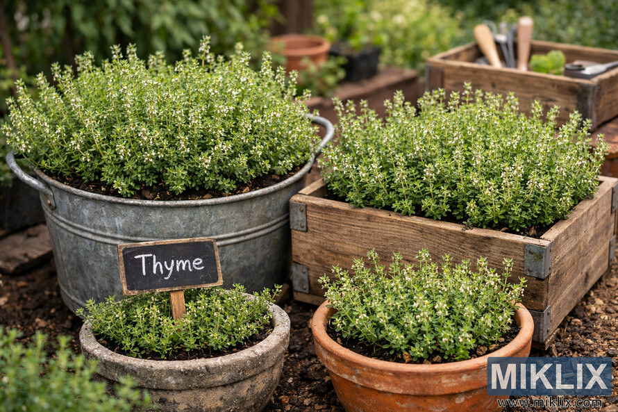 A landscape photograph showing thyme plants growing in various rustic garden containers including a galvanized metal tub, a wooden planter box, and terracotta pots, surrounded by garden tools and greenery. A landscape photograph showing thyme plants growing in various rustic garden containers including a galvanized metal tub, a wooden planter box, and terracotta pots, surrounded by garden tools and greenery.