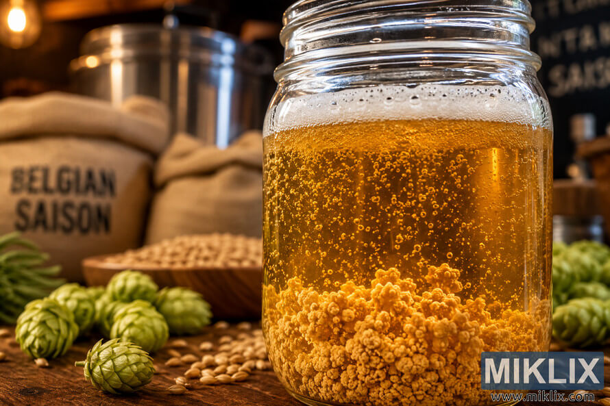 Close-up of a glass jar filled with frothy golden Belgian Saison beer, showing active carbonation and creamy yeast sediment in a warm rustic brewing environment. Close-up of a glass jar filled with frothy golden Belgian Saison beer, showing active carbonation and creamy yeast sediment in a warm rustic brewing environment.