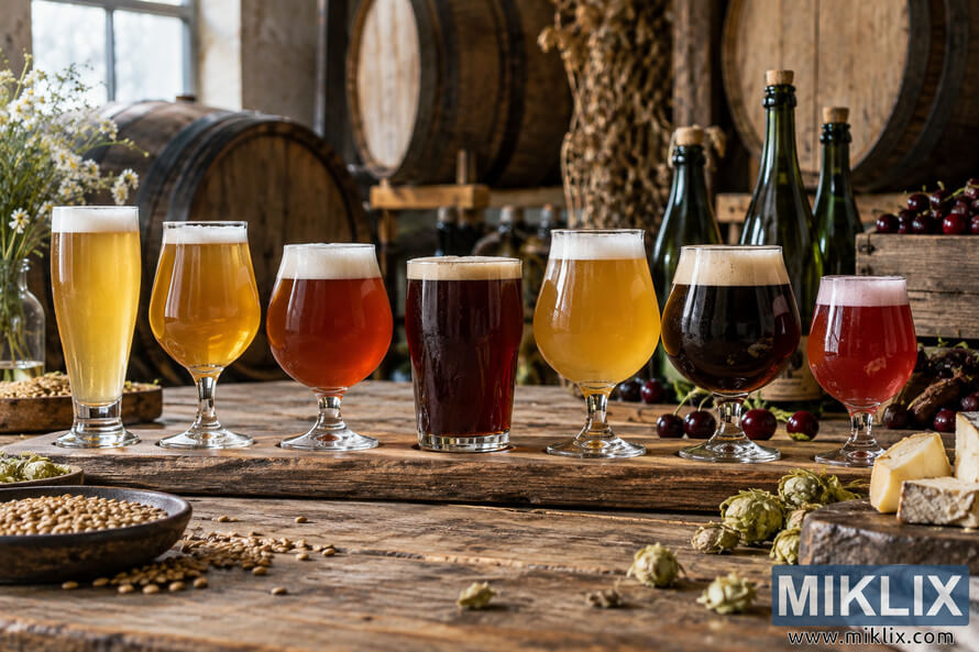 Seven glasses of pale, amber, dark, and red beer on a rustic wooden table with barrels, corked bottles, hops, grain, cherries, and cheese. Seven glasses of pale, amber, dark, and red beer on a rustic wooden table with barrels, corked bottles, hops, grain, cherries, and cheese.