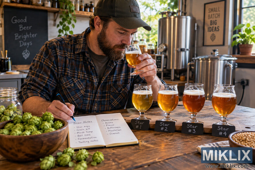 Homebrewer in a rustic brewing workshop smells a golden beer while taking notes beside four numbered Star hops beer samples, fresh hop cones, grain, and stainless-steel brewing equipment. Homebrewer in a rustic brewing workshop smells a golden beer while taking notes beside four numbered Star hops beer samples, fresh hop cones, grain, and stainless-steel brewing equipment.