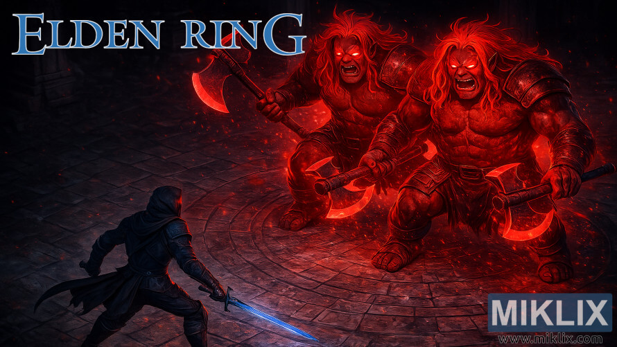 A Tarnished in Black Knife armor faces the glowing red Fell Twins in the Divine Tower of East Altus from Elden Ring.