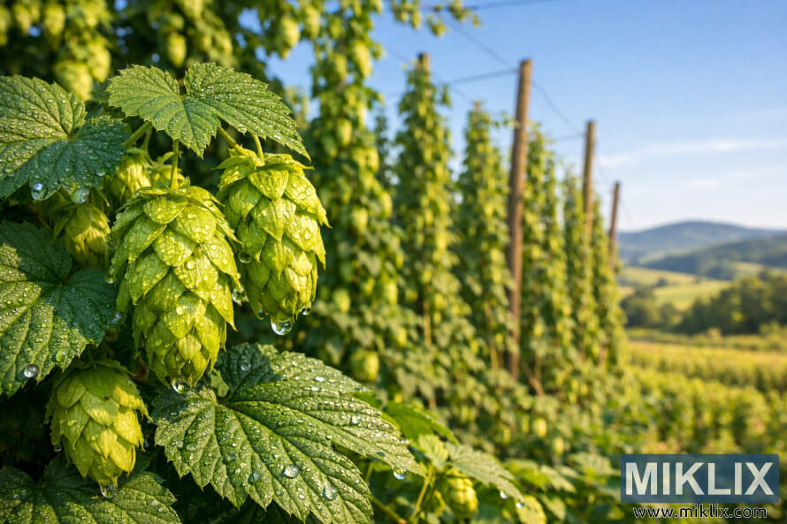 Close-up of dew-covered Eastern Gold hop cones and green leaves in a sunlit hop field with trellised bines, rolling hills, and a clear blue sky in the background.