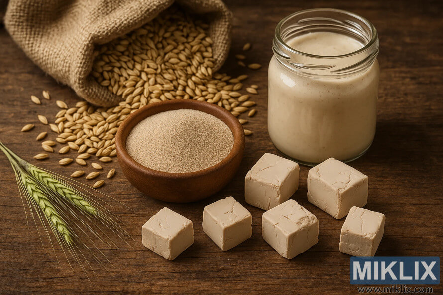 Rustic scene of barley, dry and fresh yeast, and a jar of liquid yeast on a wooden surface. Rustic scene of barley, dry and fresh yeast, and a jar of liquid yeast on a wooden surface.