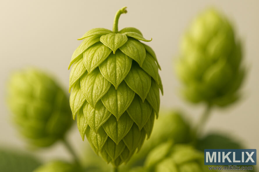 Krupni plan ÄeÅ¡era hmelja Admiral sa zelenom nijansom i zlatnim sjajem na toplom sunÄevom svjetlu.