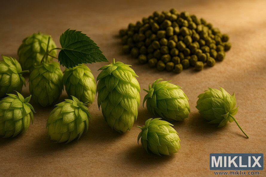 ZÃ¡tiÅ¡Ã­ z ÄerstvÃ½ch zelenÃ½ch chmelovÃ½ch Å¡iÅ¡tic a suÅ¡enÃ½ch chmelovÃ½ch pelet uspoÅÃ¡danÃ½ch na rustikÃ¡lnÃ­m povrchu pod teplÃ½m, pÅirozenÃ½m svÄtlem.