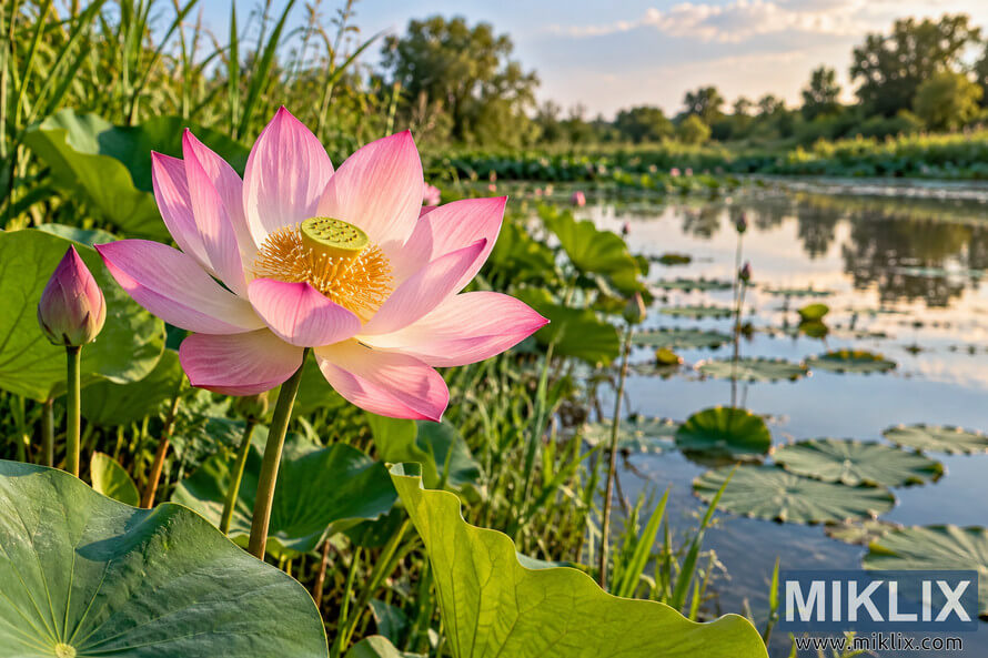 Large pink lotus flower and closed bud beside a calm pond, surrounded by broad green leaves, reeds, floating aquatic plants, and sunlit trees.